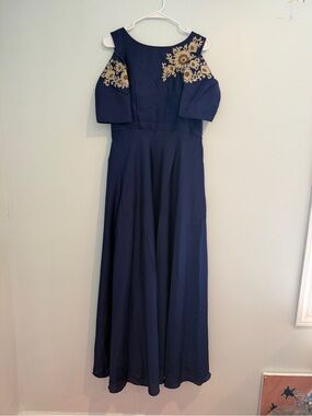 Elegant Navy Blue Indian Gown with Gold Embroidery – Cold Shoulder Design